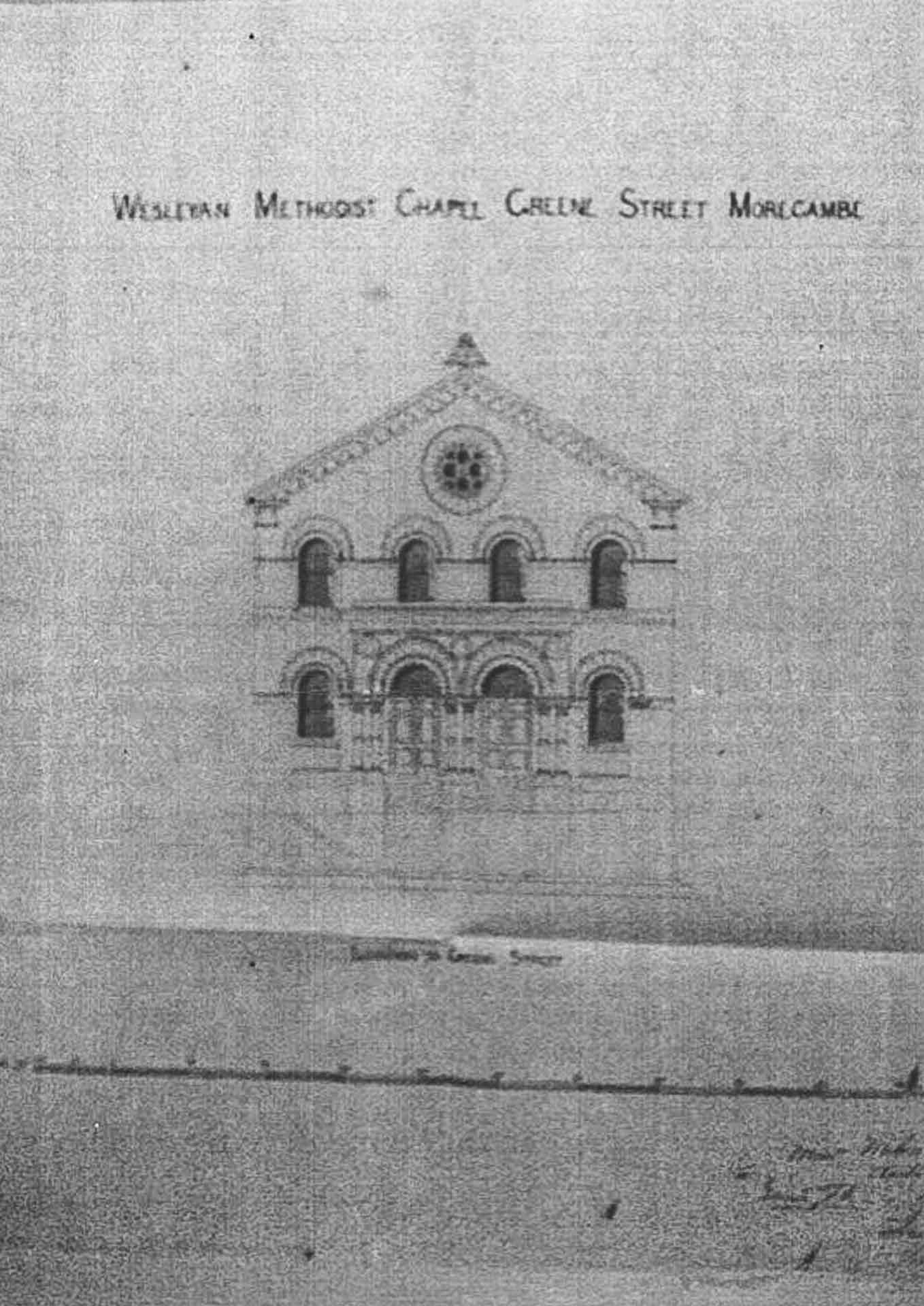 Orignal hand drawn architects plan drawing from 1875 of the front elevation of Green Street Chapel - formerly known as Wesleyan Methodist Chapel in Morecambe